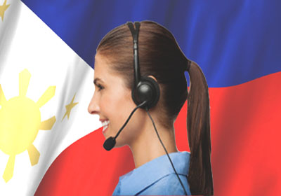 A Female Call Agent in Front of the Philippine Flag