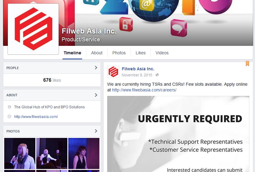 Filweb Asia, Inc. Facebook page screenshot