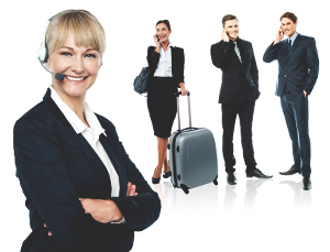 a female virtiual assistant isolated from the three business people talking on phone