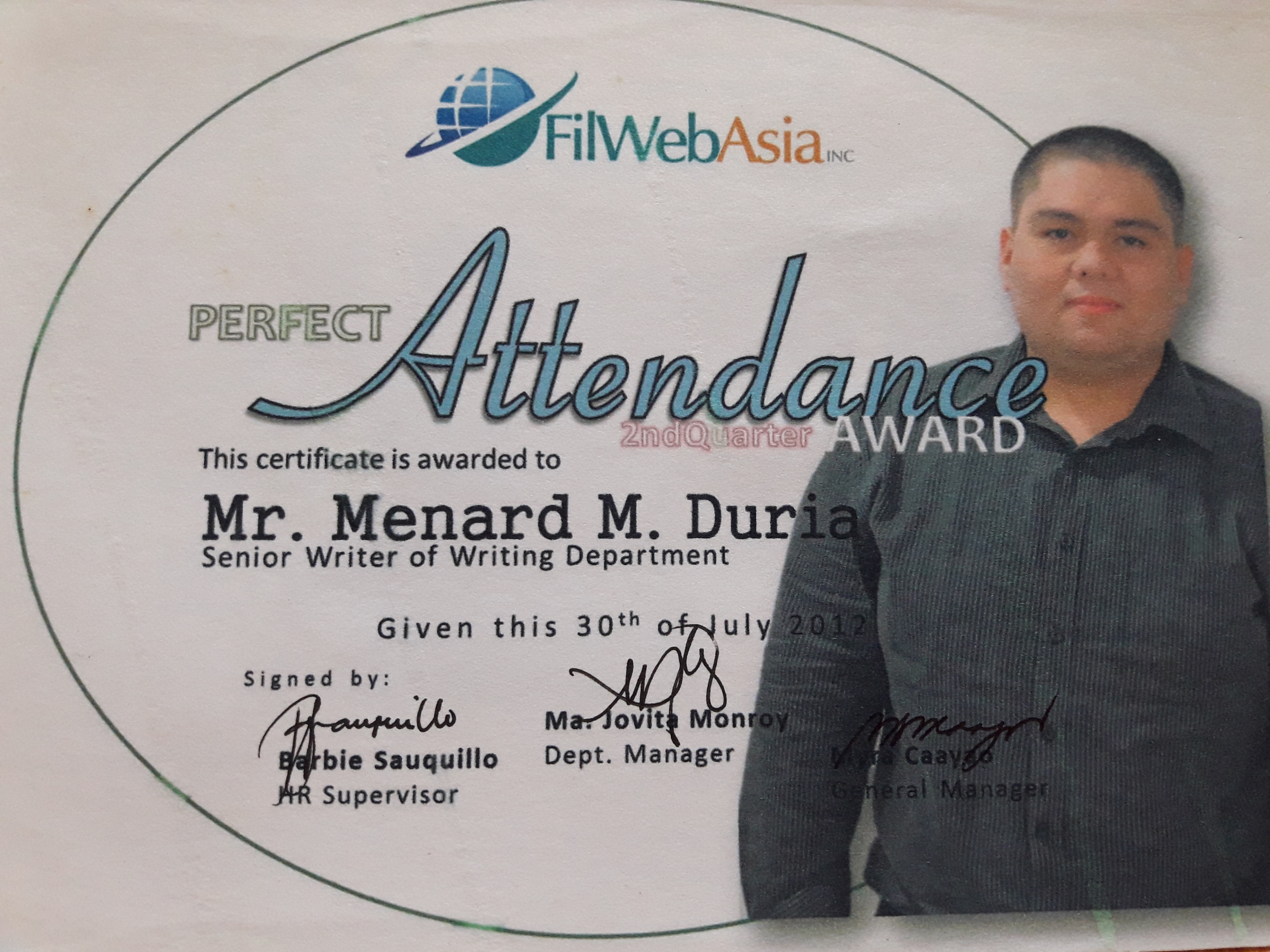 perfect attendance awardee in 2012