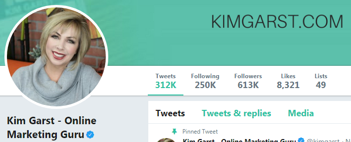 Screenshot of Kim Garst's Twitter account - one of the digital marketing experts at Twitter