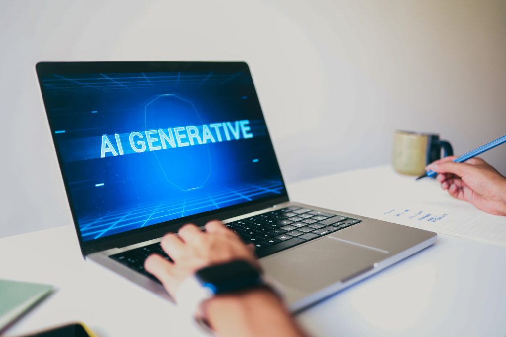 AI app. Hands chat with Artificial Intelligence software in computer at home office